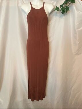 Feathers Ribbed Knit High Neck Sleeveless Maxi Dress w/ Side Splits, Rust Brown